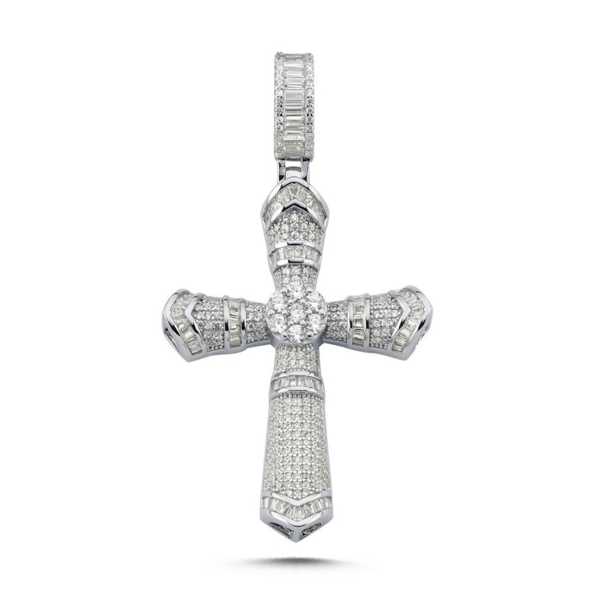 Round &amp; Baguette Cubic Zirconia Byzantine Cross Pendant Rhodium Plated Silver