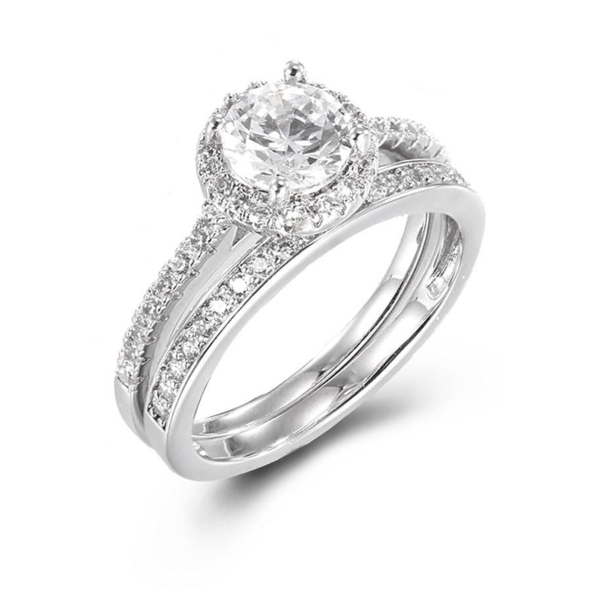 Round Halo Cubic Zirconia Engagement Ring Band Set in Rhodium Plated Silver