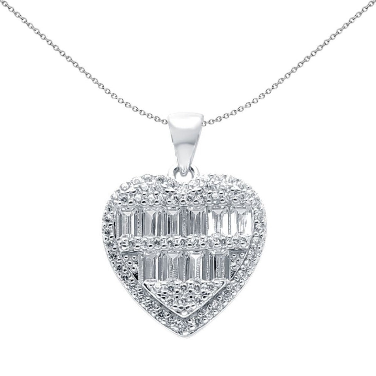 Sterling Silver Round & Baguette Cubic Zirconia Love Heart Pendant