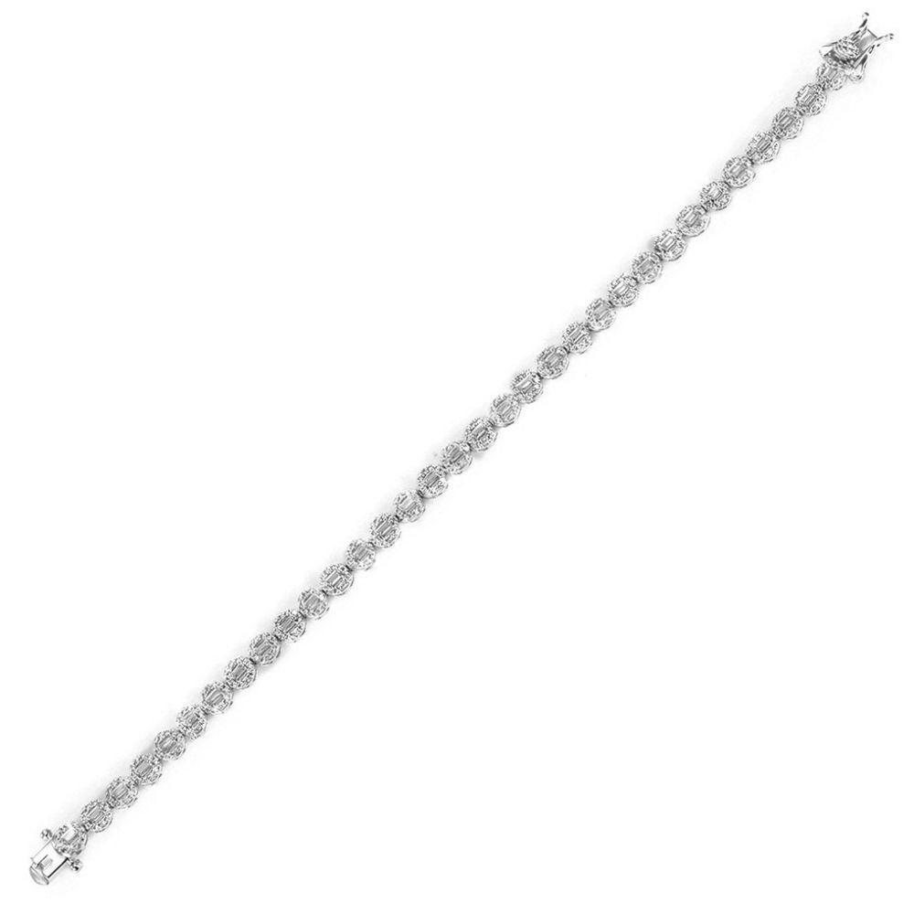 Baguette &amp; Round Cluster Cubic Zirconia Cluster Tennis Bracelet in Rhodium Plated Silver