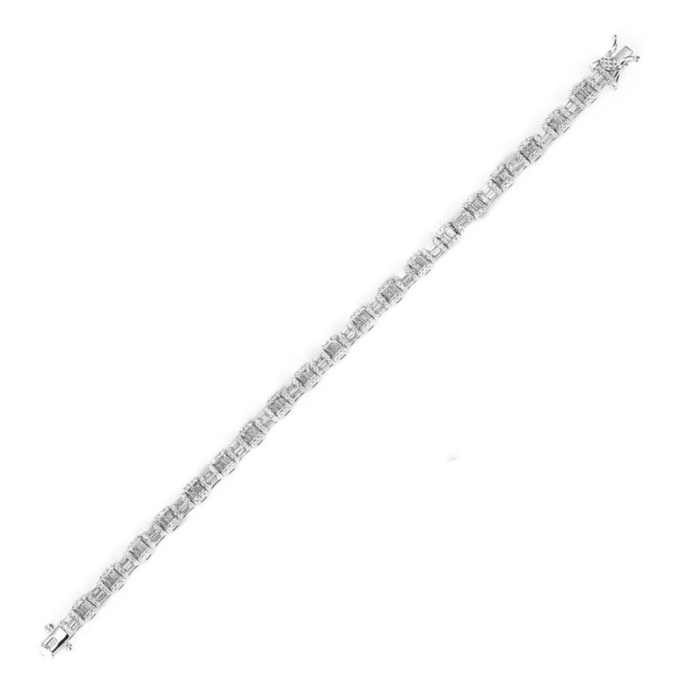 Baguette &amp; Round Cubic Zirconia Tennis Bracelet in Rhodium Plated Silver