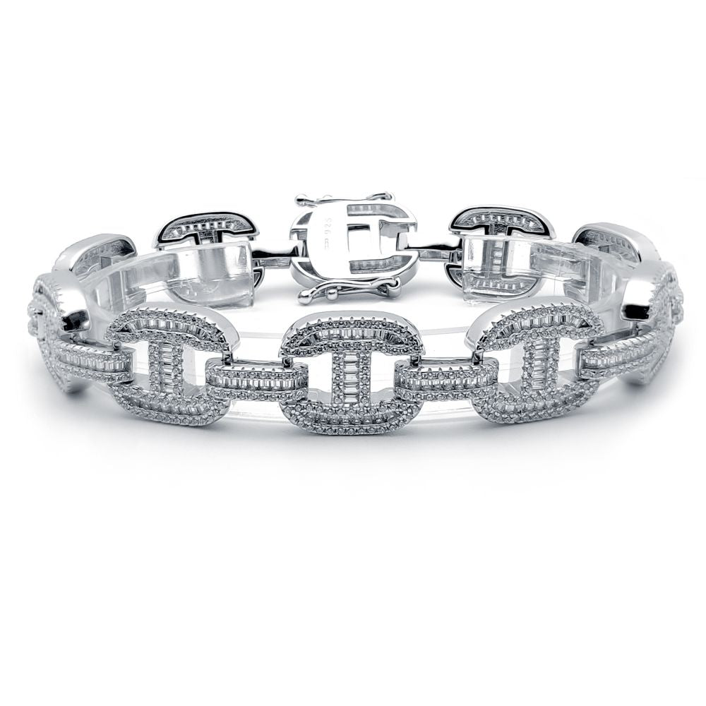 Baguette and Round Chain Tennis Bracelet in Rhodium Plated Silver