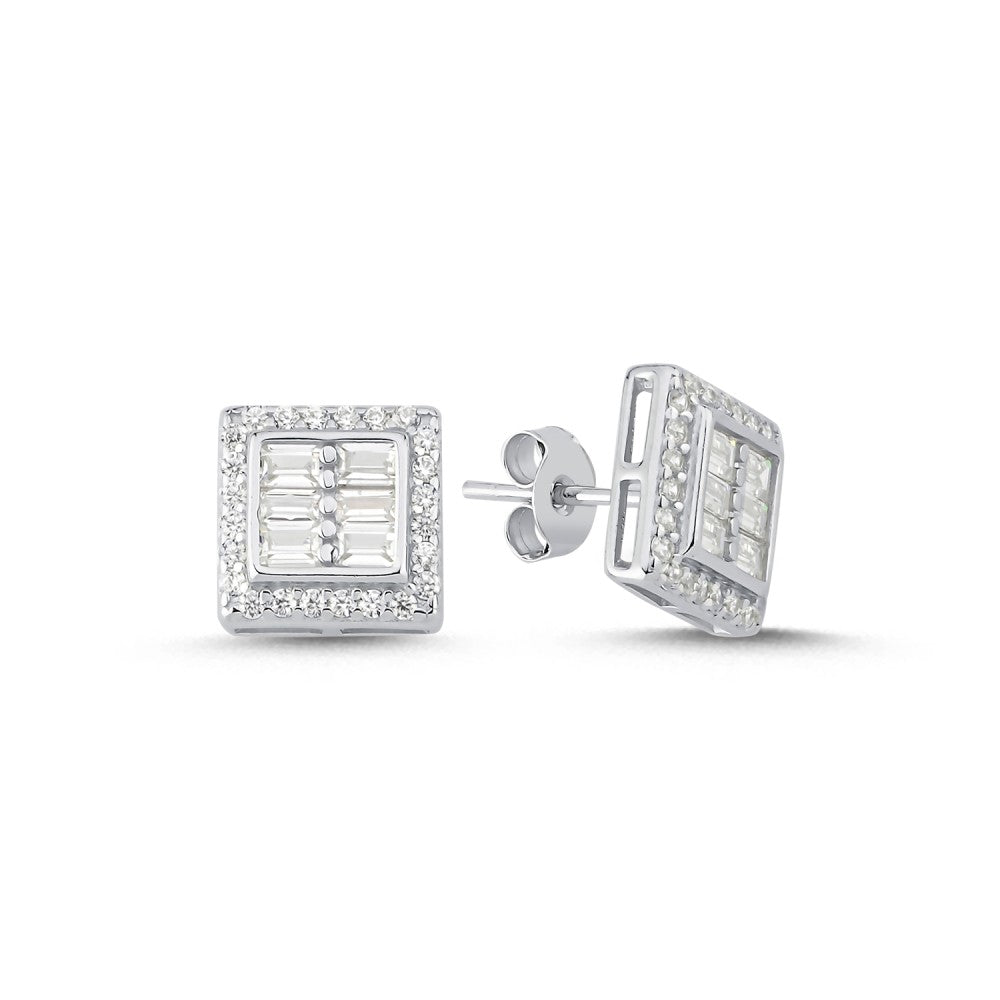 Cubic Zirconia Baguette Halo Stud Earrings in Rhodium Plated Silver