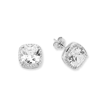 Cubic Zirconia Cushion Cut Halo Stud Earrings in Rhodium Plated Silver