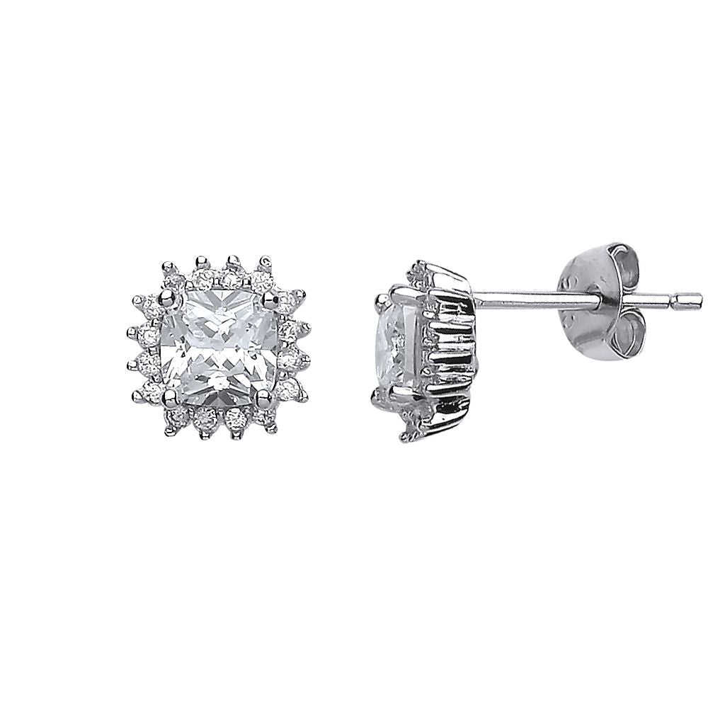 Cubic Zirconia Cushion &amp; Round Halo Stud Earrings in Rhodium Plated Silver