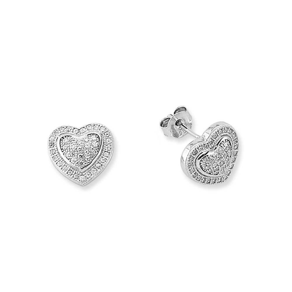 Cubic Zirconia Heart Halo Stud Earrings in Rhodium Plated Silver