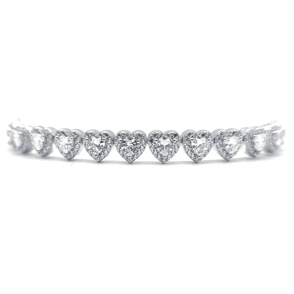 Cubic Zirconia Heart Halo Tennis Bracelet in Rhodium Plated Silver