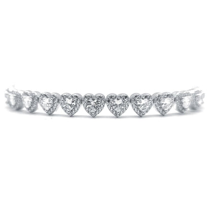 Cubic Zirconia Heart Halo Tennis Bracelet in Rhodium Plated Silver