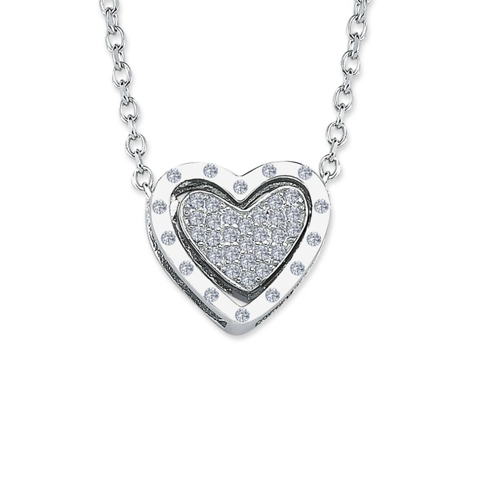 Cubic Zirconia Studded Halo Heart Pendant in Rhodium Plated Silver