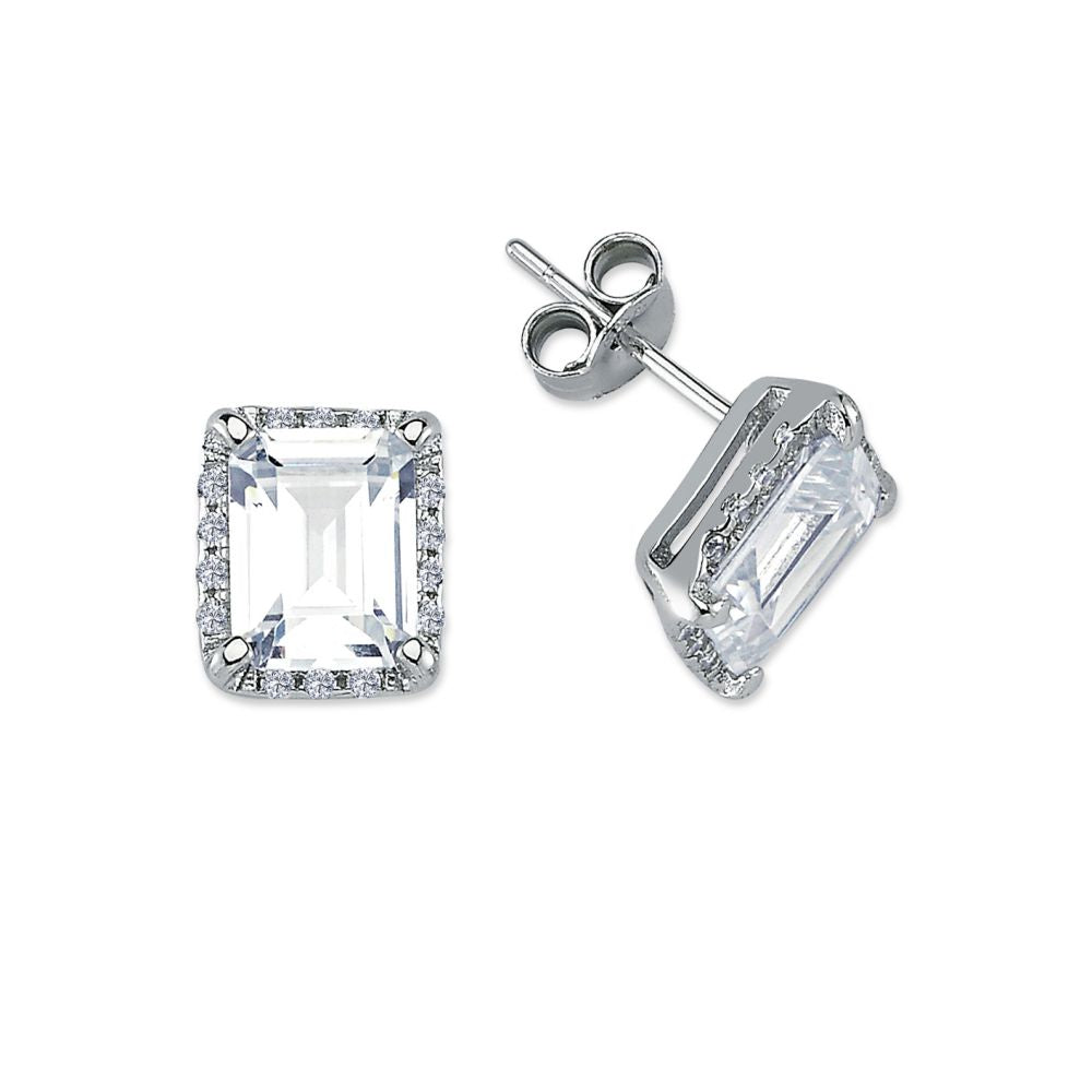 Emerald Cut Cubic Zirconia Halo Stud Earrings in Rhodium Plated Silver