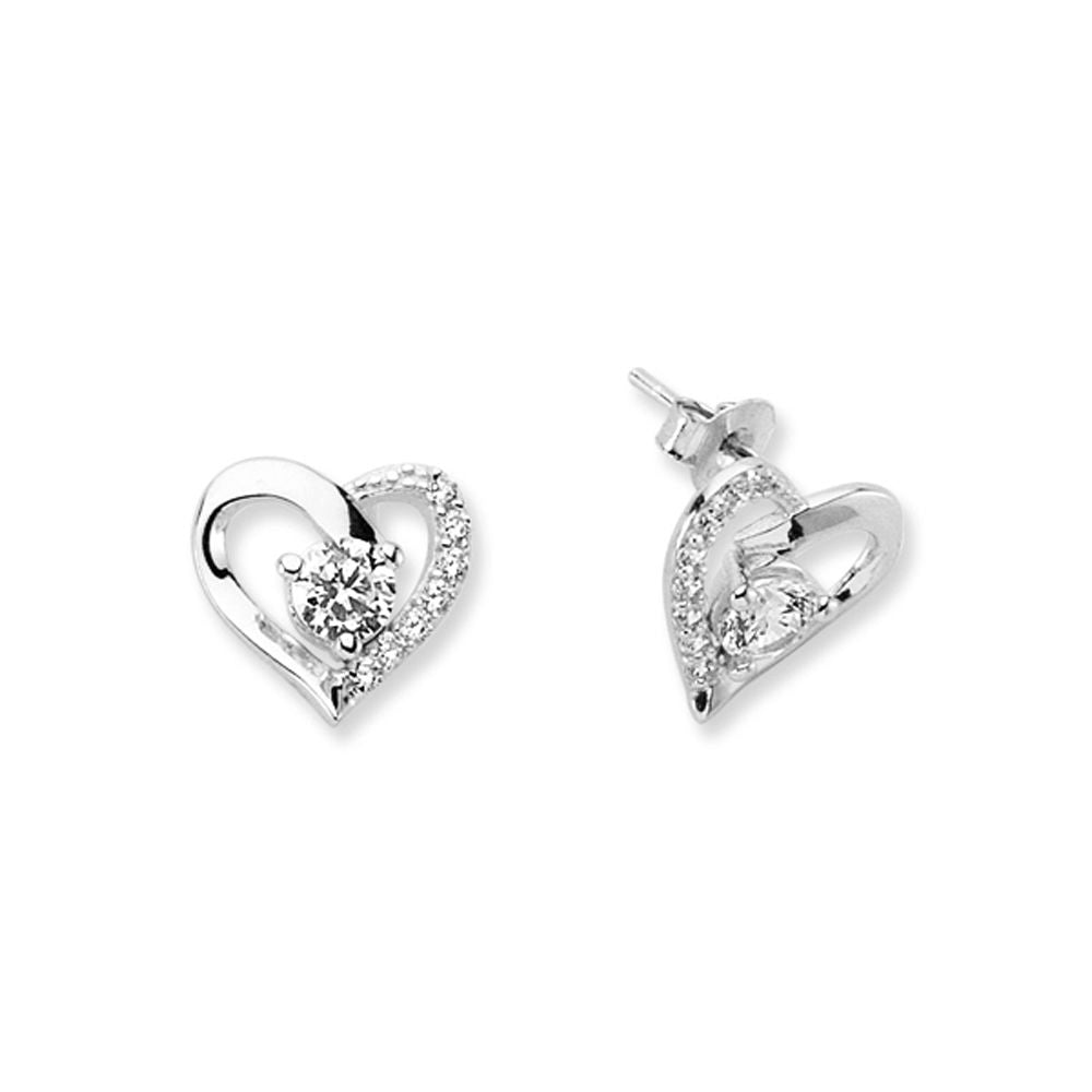 Heart Shape Cubic Zirconia Stud Earrings in Rhodium Plated Silver