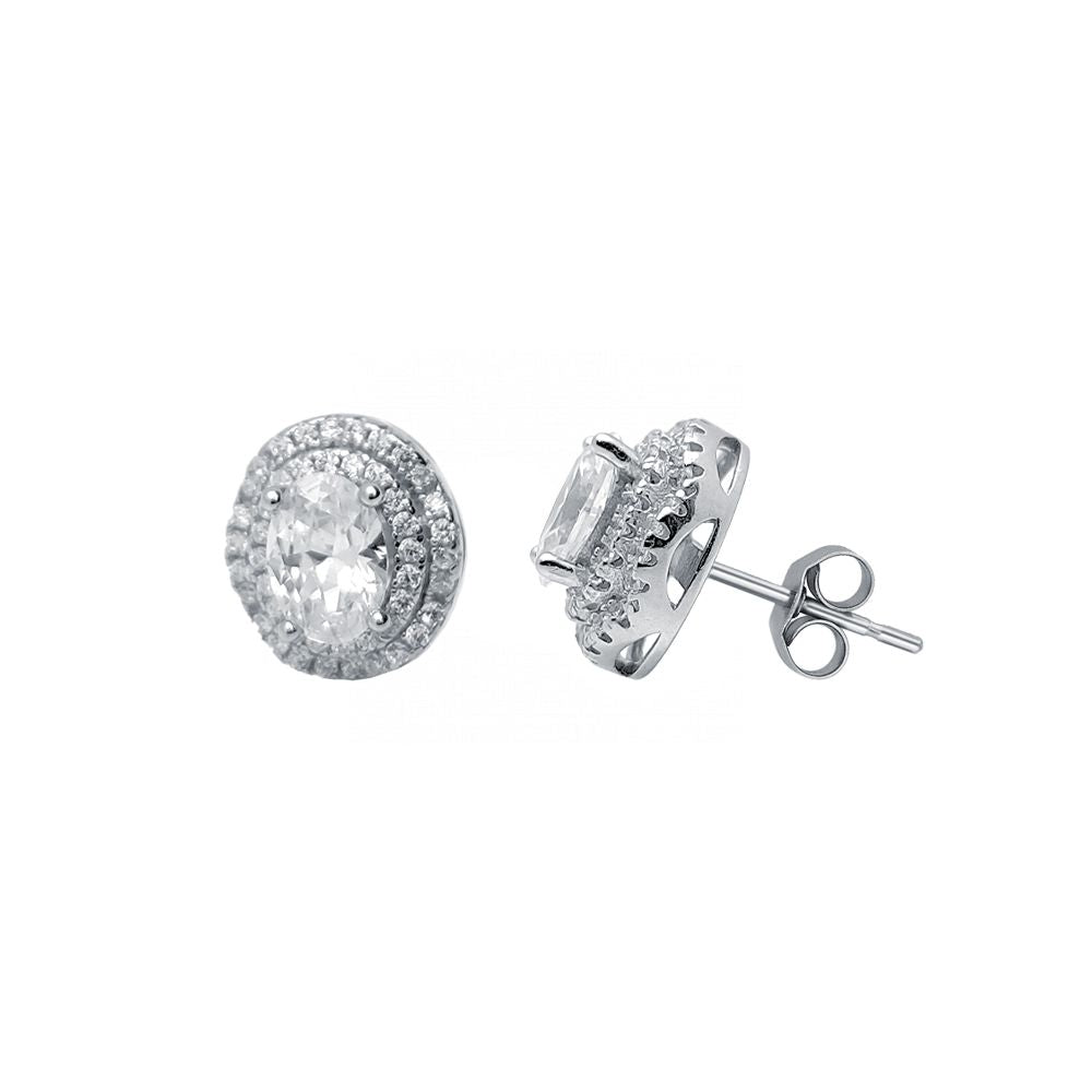 Oval Cubic Zirconia Double Halo Earrings in Rhodium Plated Silver