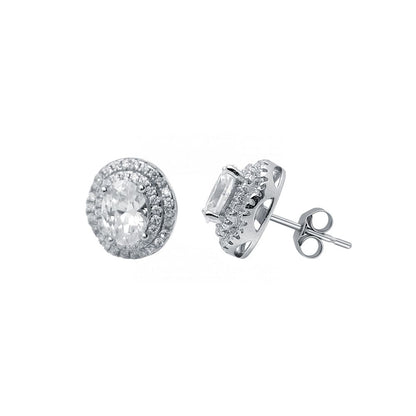 Oval Cubic Zirconia Double Halo Earrings in Rhodium Plated Silver