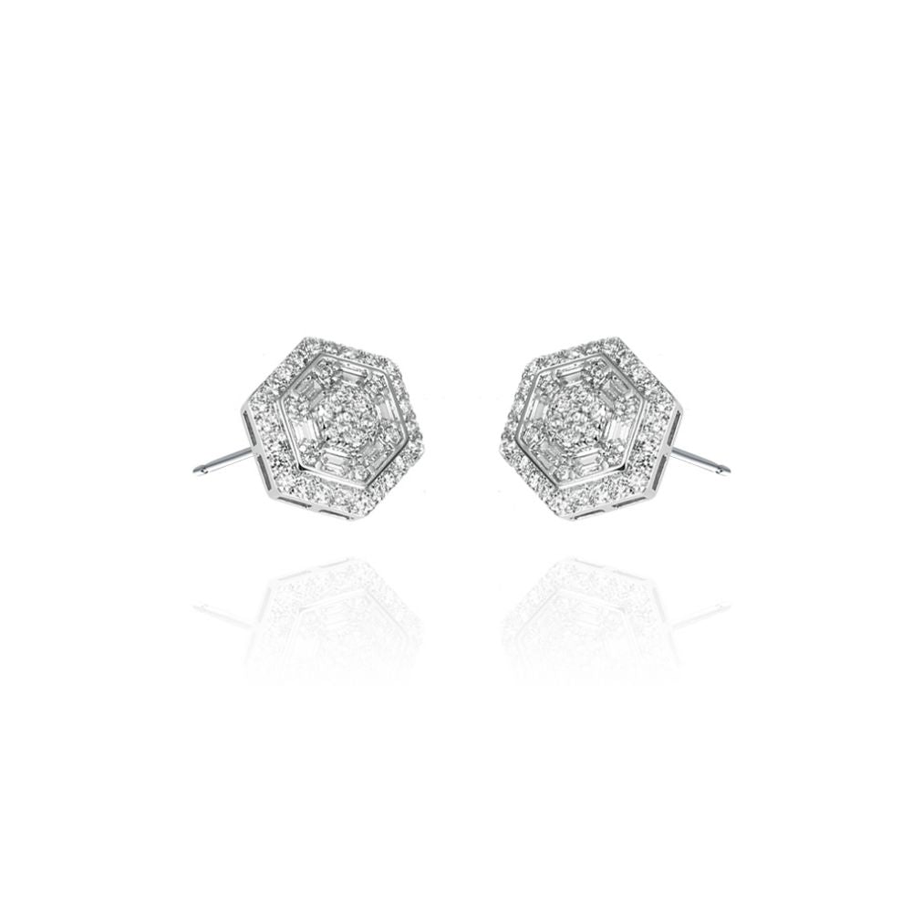 Pave Baguette &amp; Round Cubic Zirconia Hexagonal Stud Earrings in Rhodium Plated Silver