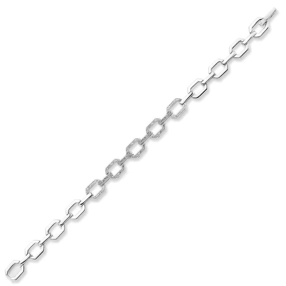 Pave Cubic Zirconia Chain Link Bracelet in Rhodium Plated Silver