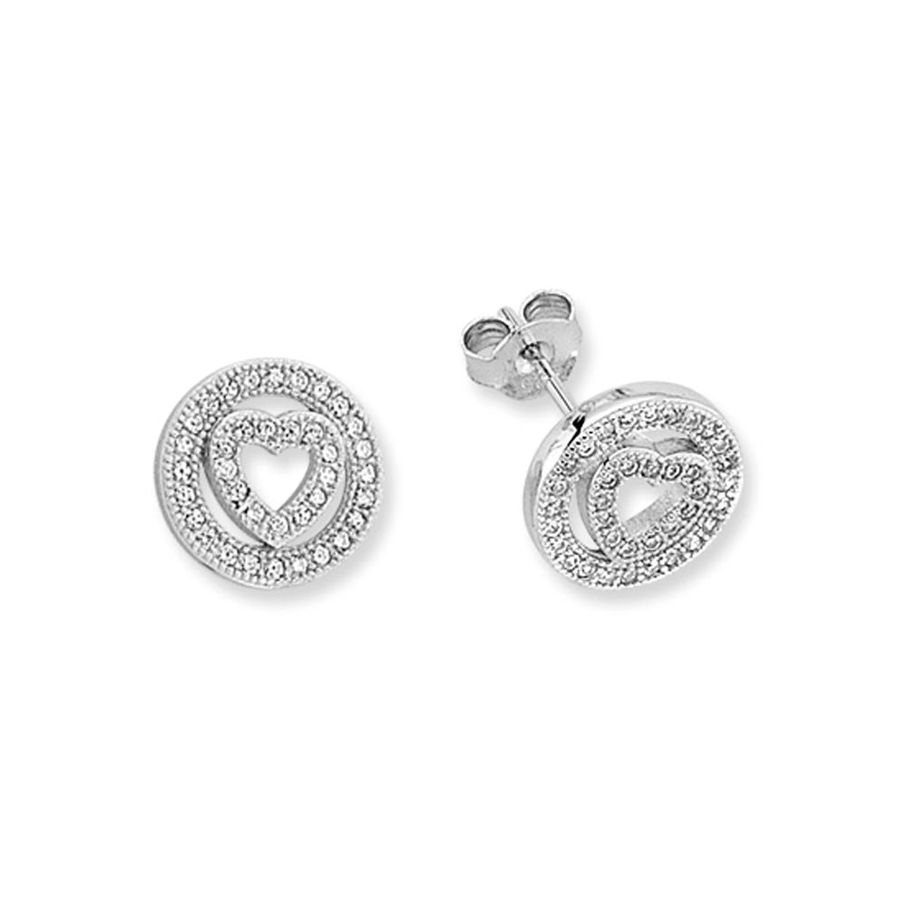 Pave Set Heart Halo Stud Earrings in Rhodium Plated Silver