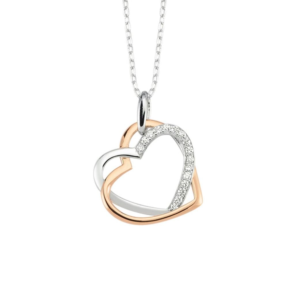 Rose and White Two Tone Double Heart and Cubic Zirconia Pendant