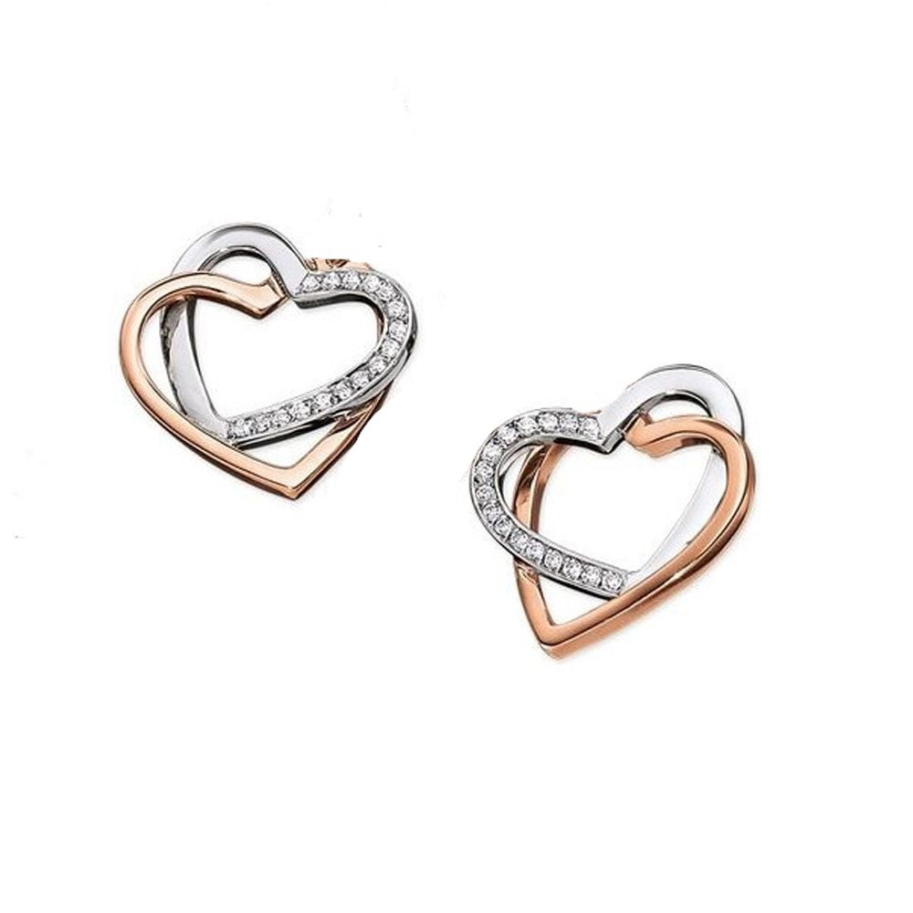 Two Tone Gold Double Heart Cubic Zirconia Stud Earrings