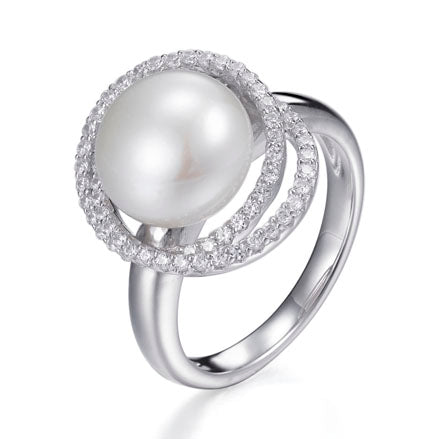 0.75ct Cubic Zirconia Aurora Pearl Halo Ring Set in Rhodium Plated Silver