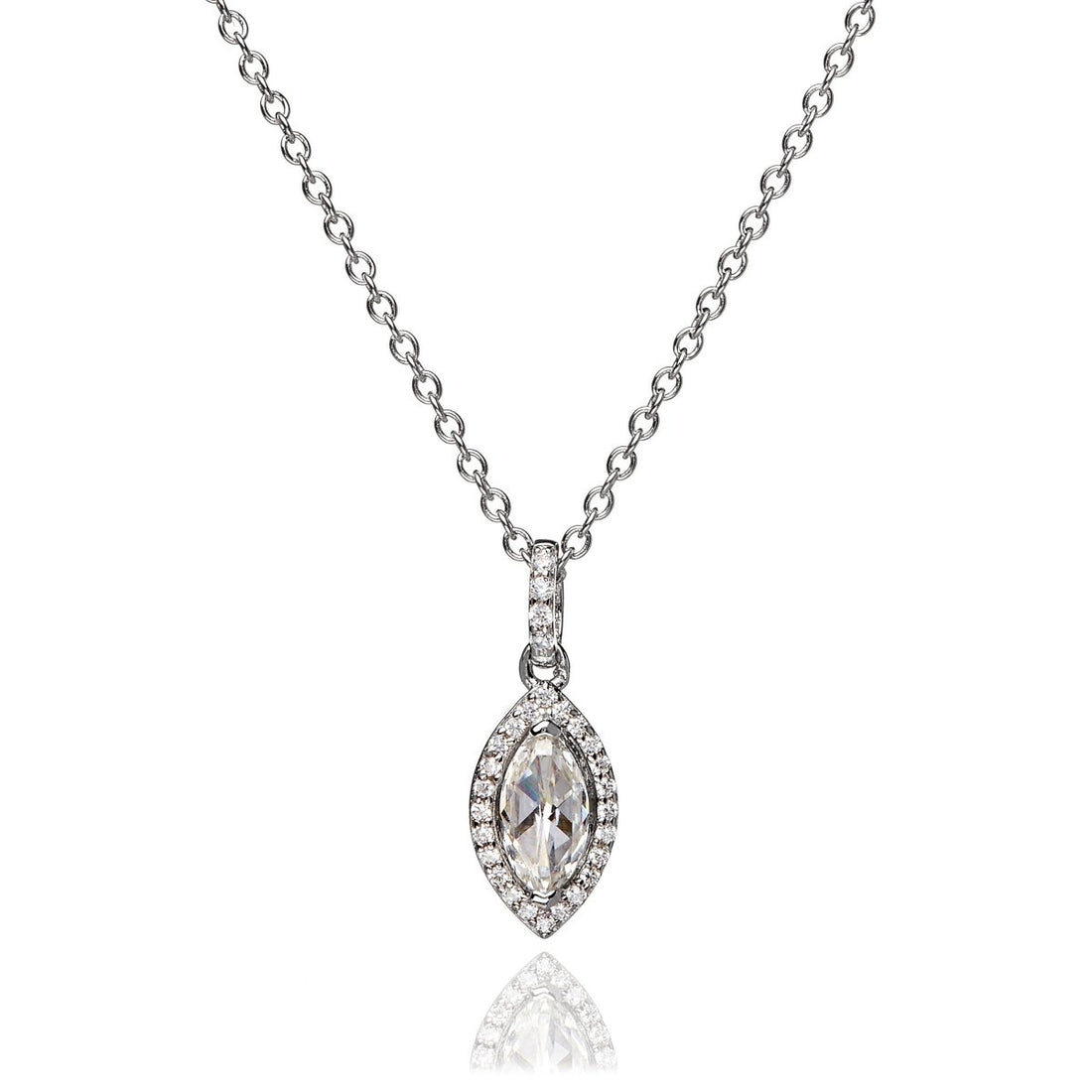 0.88ct Marquise Cut Cubic Zirconia Halo Pendant in Rhodium Plated Silver