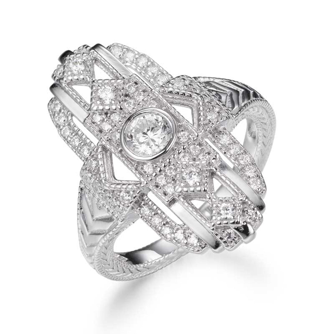1.0ct Cubic Zirconia Plaque Ring in Rhodium Plated Silver