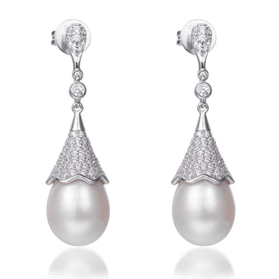 12.70ct Cubic Zirconia Eliana Fluted Pearl Drop Earrings in Rhodium Plated Silver