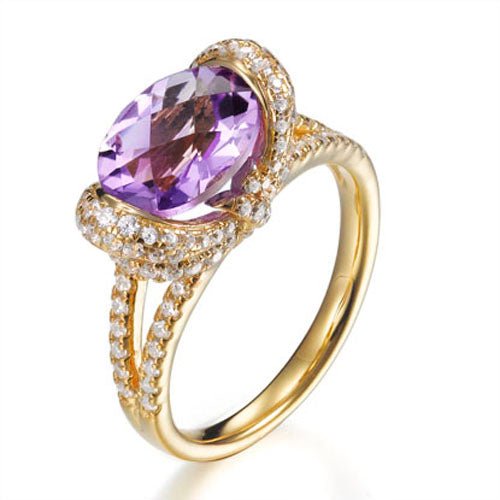 1.40ct Amethyst &amp; 2.30ct Cubic Zirconia Cushion Cut Ring in 14k Yellow Gold Plated Silver