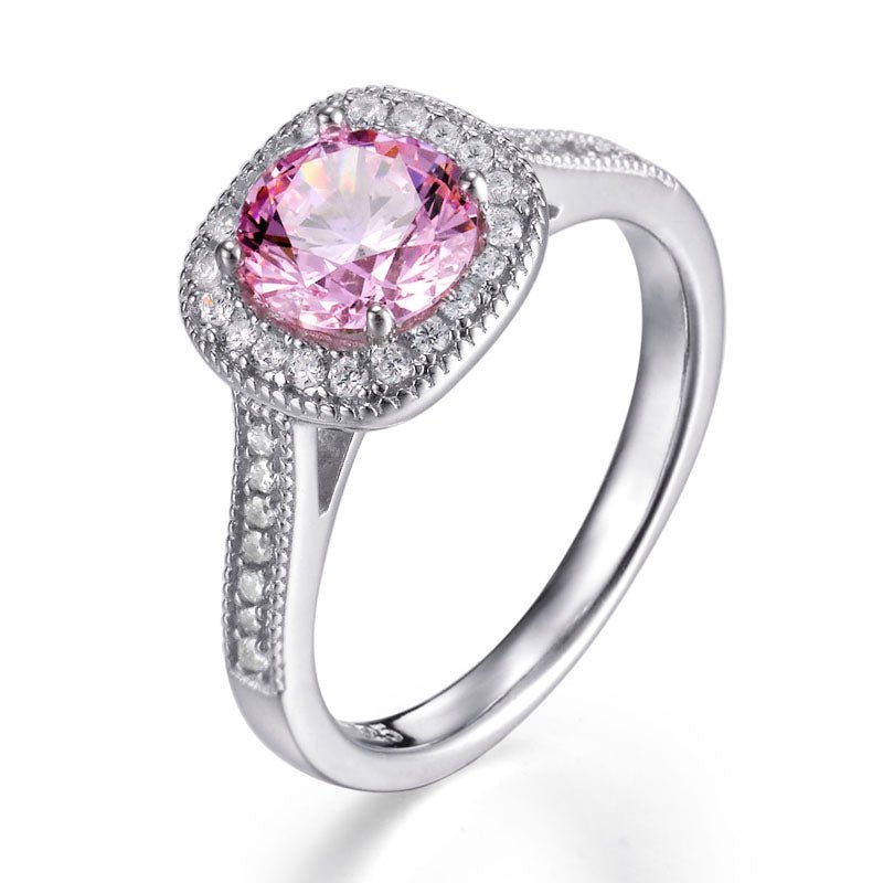 1.50ct Pink Cubic Zirconia &amp; 0.44ct Halo Ring in Rhodium Plated Silver