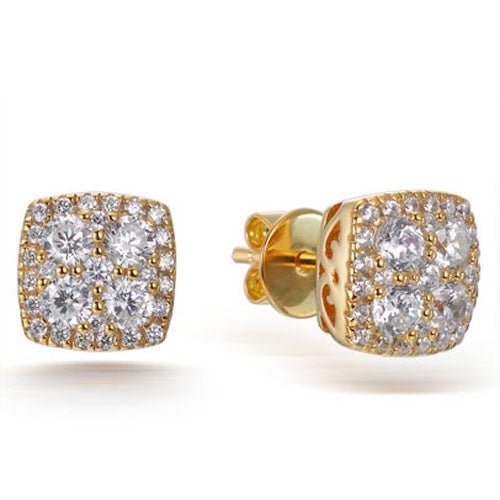 1.75ct Cubic Zirconia Square Cluster Stud Earrings in 14k Yellow Gold Plated Silver