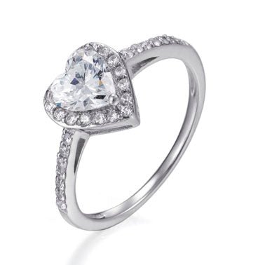 1.80ct Heart Shape Cubic Zirconia &amp; 0.40ct Halo Ring in Rhodium Plated Silver