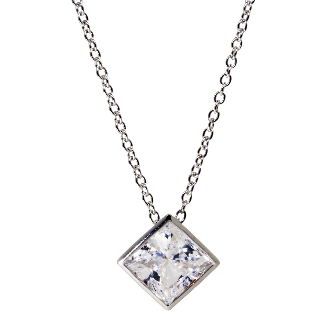 1.85ct Cubic Zirconia Princess Cut Bezel Pendant in Rhodium Plated Silver
