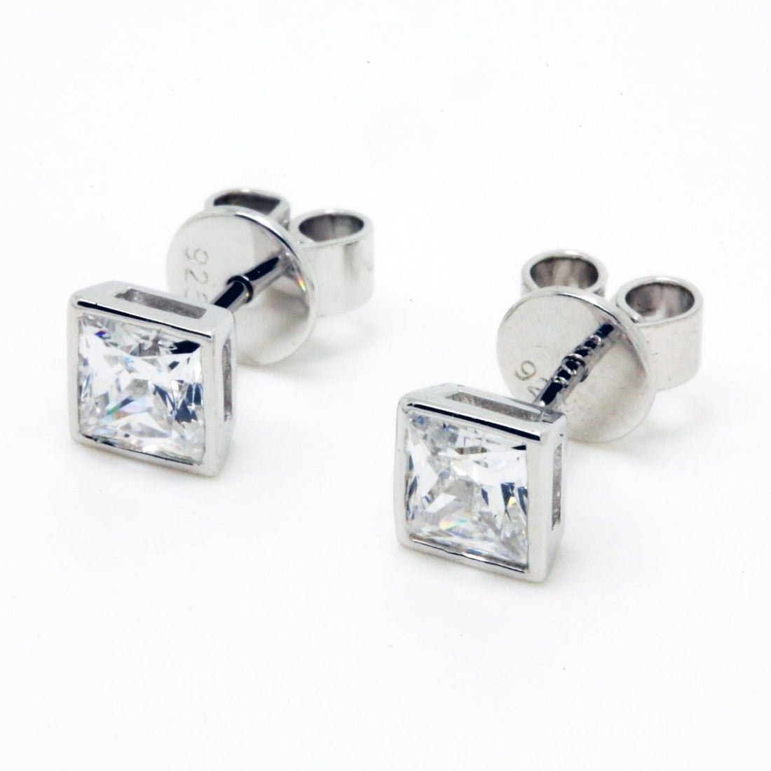 1.85ct Cubic Zirconia Princess Cut Bezel Set Stud Earrings in Rhodium Plated Silver