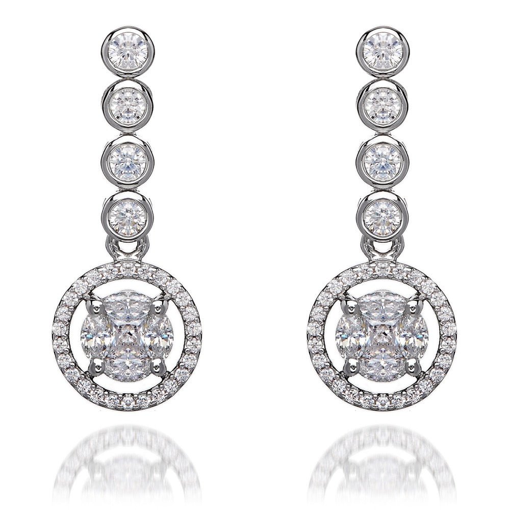 2.0ct Cubic Zirconia Rub Over Set Halo Drop Earrings in Rhodium Plated Silver