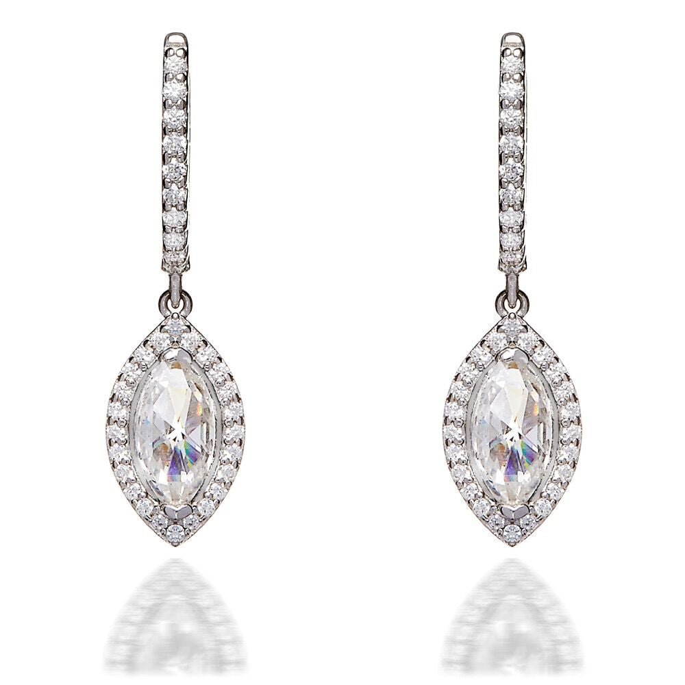 2.0ct Marquise Cut Cubic Zirconia Halo Drop Earrings in Rhodium Plated Silver