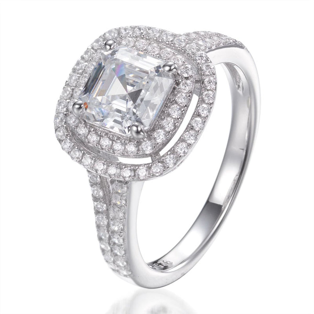 2.85ct Cubic Zirconia Double Halo Asscher Cut Ring in Rhodium Plated Silver
