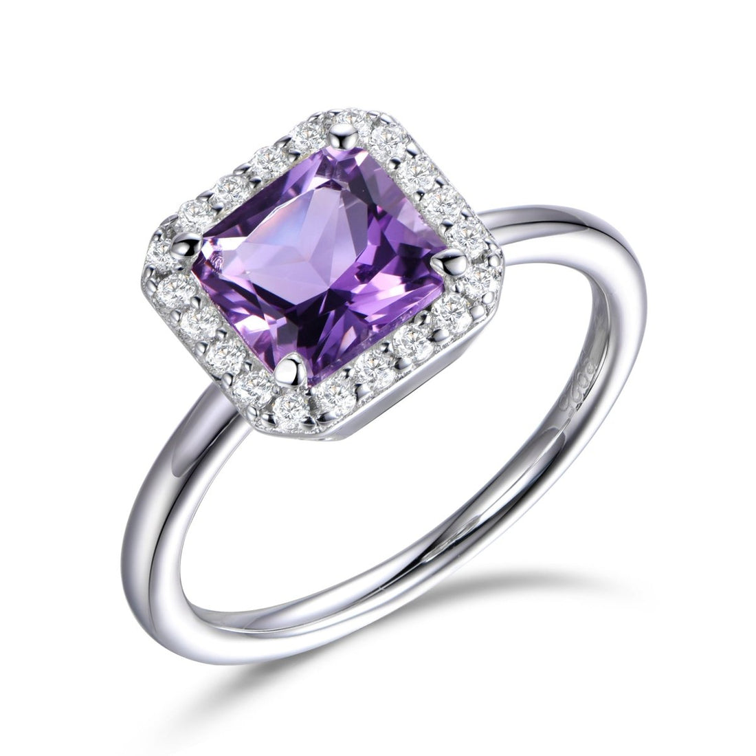 3.00ct Amethyst &amp; 0.60ct Cubic Zirconia Halo Asscher Cut Ring in Rhodium Plated Silver