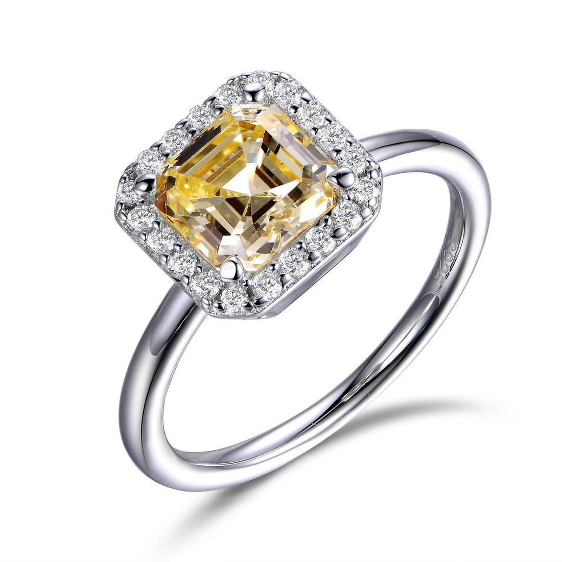 3.00ct Yellow Cubic Zirconia Asscher Cut Halo Ring in Rhodium Plated Silver