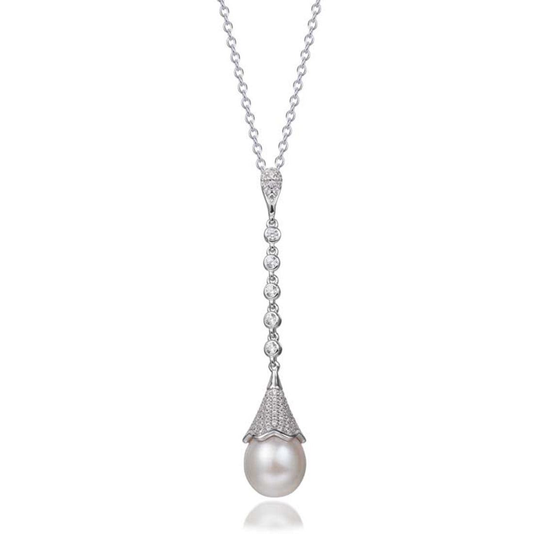 6.35ct Cubic Zirconia Eliana Fluted Pearl Drop Necklace in Rhodium Plated Silver