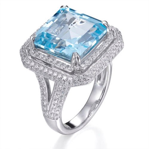 6.60ct Asscher Topaz & 2.50ct Cubic Zirconia Double Halo Ring in Rhodium Plated Silver