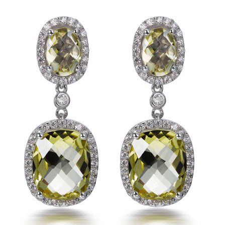 6.60ct Citrine Cushion Halo Drop Earrings in Rhodium Plated Silver