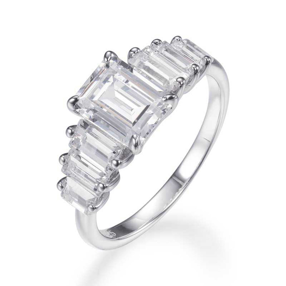 7.00ct Emerald Cut Cubic Zirconia Tapered Ring in Rhodium Plated Silver
