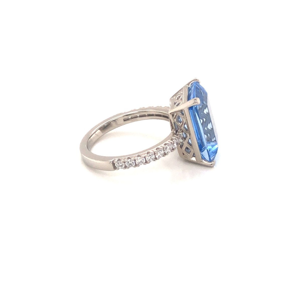 8.00ct Emerald Cut Blue Spinel &amp; Cubic Zirconia Ring Set in Rhodium Plated Silver