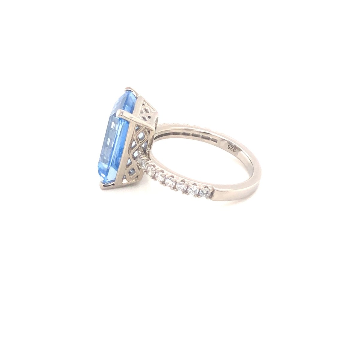 8.00ct Emerald Cut Blue Spinel &amp; Cubic Zirconia Ring Set in Rhodium Plated Silver