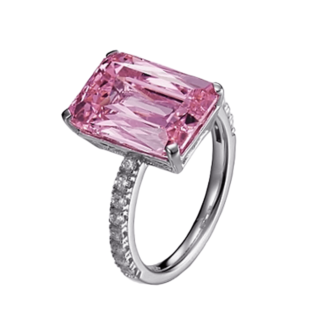 8.00ct Pink Spinel &amp; 0.40ct Cubic Zirconia Emerald Cut Ring in Rhodium Plated Silver