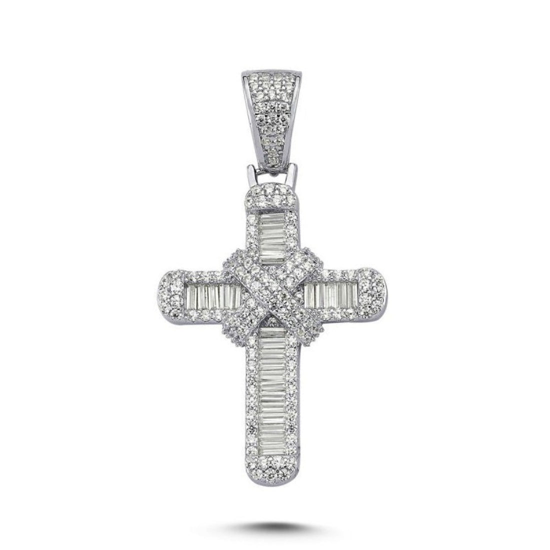 Baguette and Round Cross Pendant Cubic Zirconia in Rhodium Plated Silver 44mm