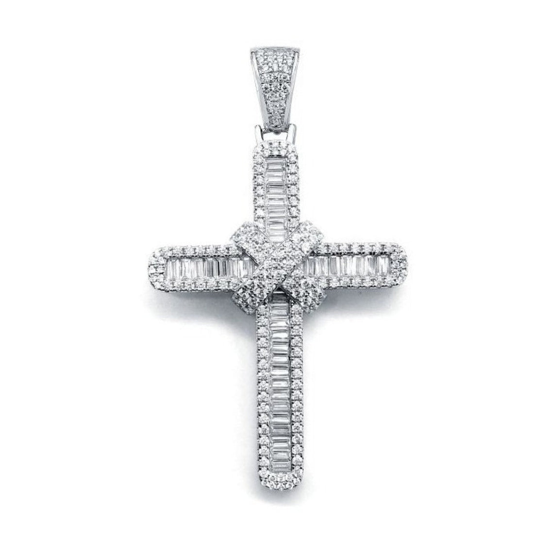 Baguette and Round Cross Pendant Cubic Zirconia in Rhodium Plated Silver 66mm