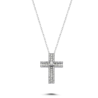 Baguette and Round Cubic Zirconia Cross Pendant in Rhodium Plated Silver