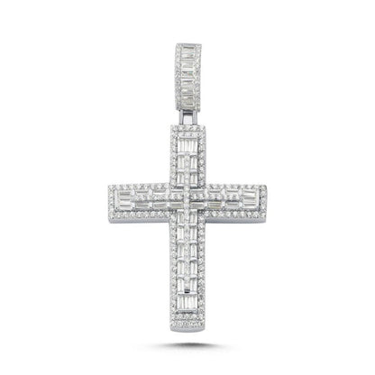 Baguette Cut Cubic Zirconia Cross Pendant in Rhodium Plated Silver