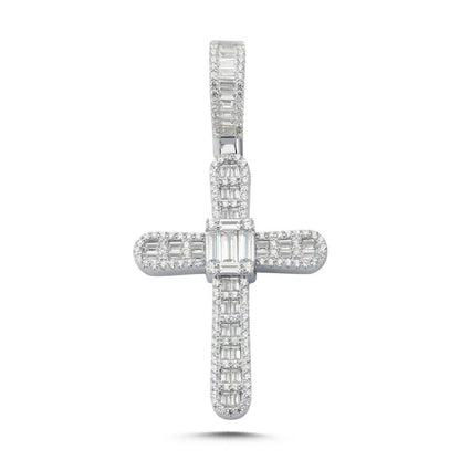 Cubic Zirconia Arch Cross Pendant Round and Baguette in Rhodium Plated Silver