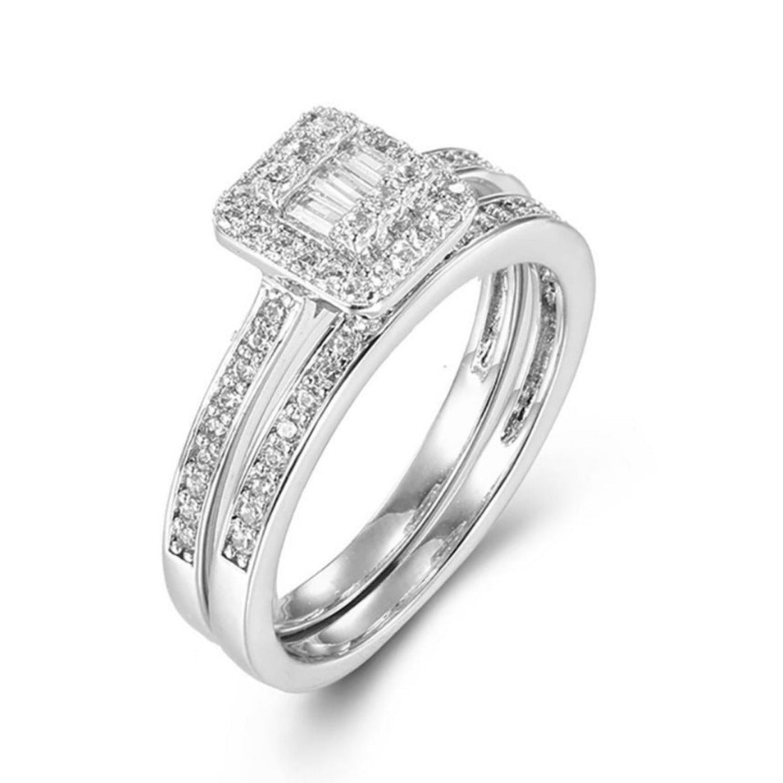 Cubic Zirconia Baguette &amp; Round Square Halo Engagement Ring Set in Rhodium Plated Silver